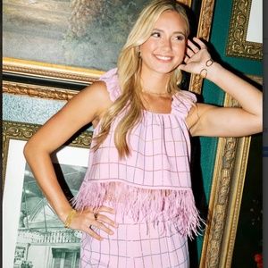 QUEEN OF SPARKLES Pink Feather-Trim Grid Tank Top